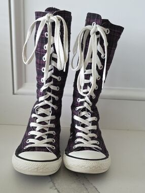 Converse Rare Vintage Juniors Black Pink Plaid Print Knee High Sneakers
